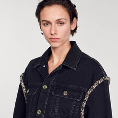 Oversized denim jacket with rhinestones Black Sandro Women