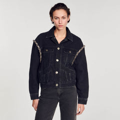 Oversized denim jacket with rhinestones Black Sandro Women