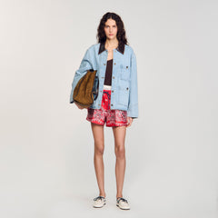 Denim jacket with leather collar Light Bu Jean Sandro Women
