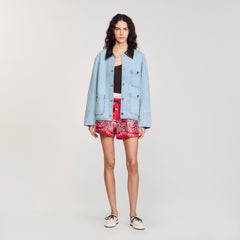 Denim jacket with leather collar Light Bu Jean Sandro Women