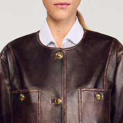 Long distressed leather jacket Black Brown Sandro Women