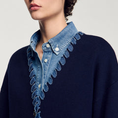 Cardigan with denim details Navy Blue Sandro Women