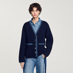 Cardigan with denim details Navy Blue Sandro Women