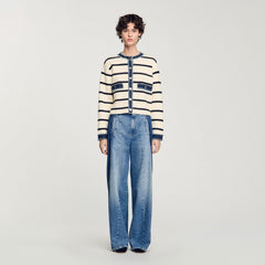 Striped cardigan with denim details Ecru Sandro Women