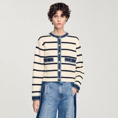 Striped cardigan with denim details Ecru Sandro Women
