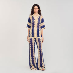 Two-tone knit cardigan Blue / Ecru Sandro Women
