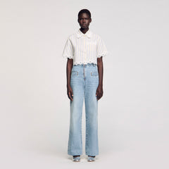 Striped cropped shirt with lace trim Ecru / Jean Sandro Women