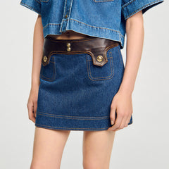 Mini denim and leather skirt Dark Blue Sandro Women