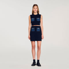 Mini knit and denim skirt Navy Blue Sandro Women