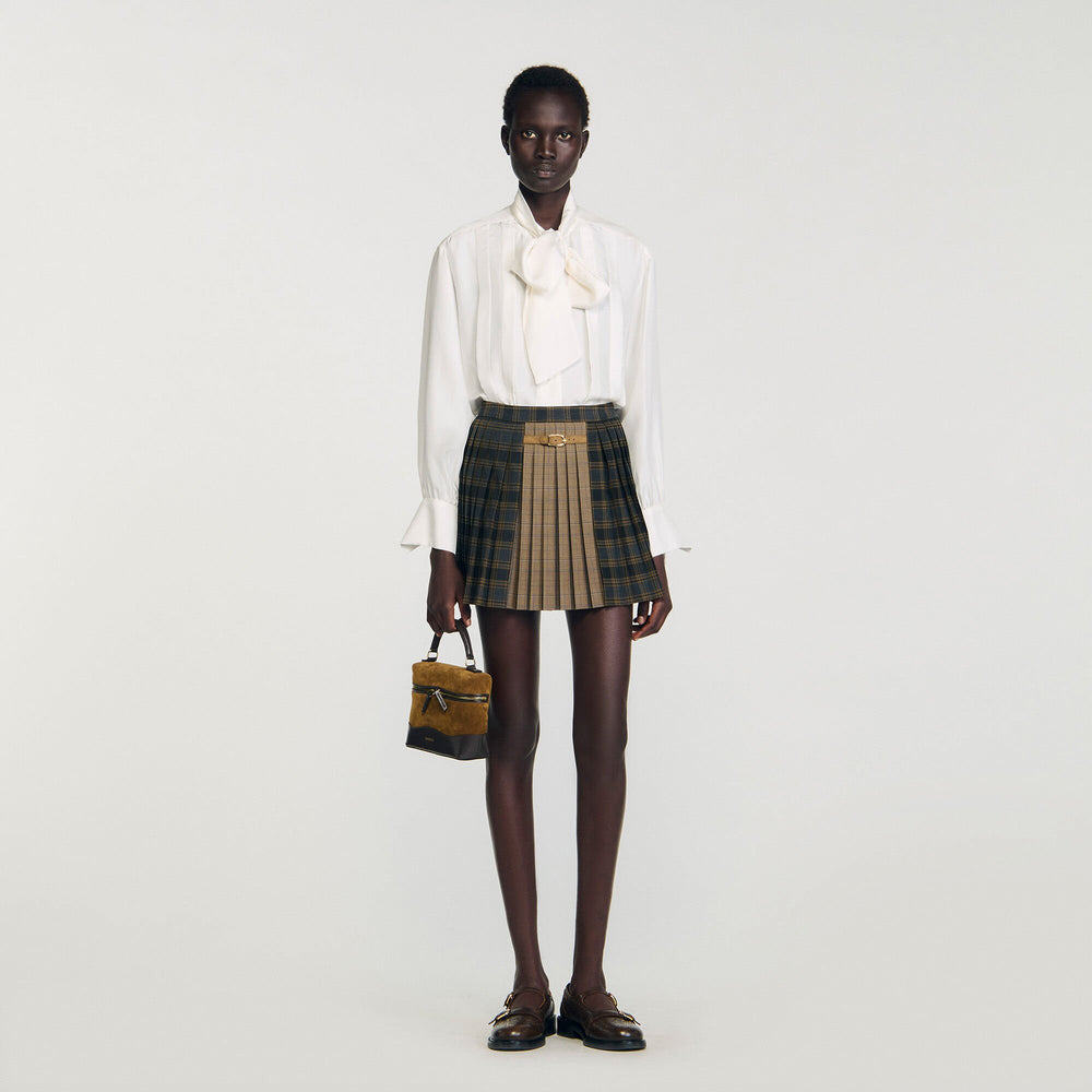 Mini checked pleated skirt Ocher / Blue Sandro Women