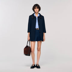 Coat with leather stripes Navy Blue Sandro Women