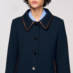 Coat with leather stripes Navy Blue Sandro Women