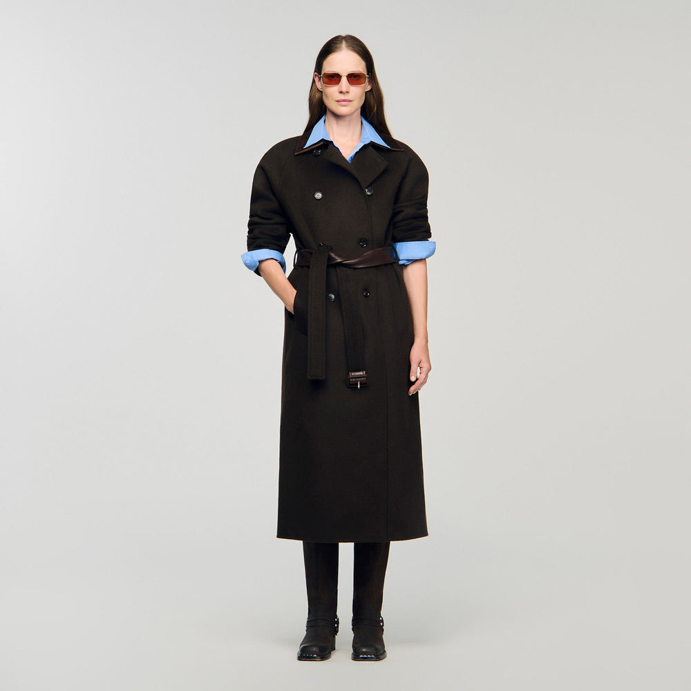 Long wool and leather coat Brown Sandro Women