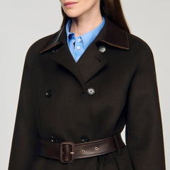 Long wool and leather coat Brown Sandro Women