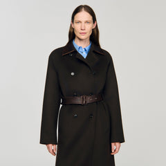Long wool and leather coat Brown Sandro Women