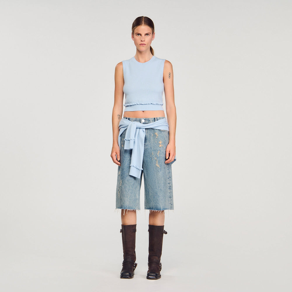 Ruffled cropped sweater Sky Blue Sandro Women