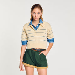 Cropped striped knitted sweater Ecru Sandro Women