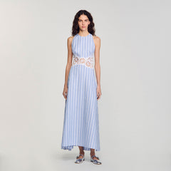 Striped maxi dress with lace Blu / White Sandro Women