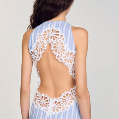 Striped maxi dress with lace Blu / White Sandro Women