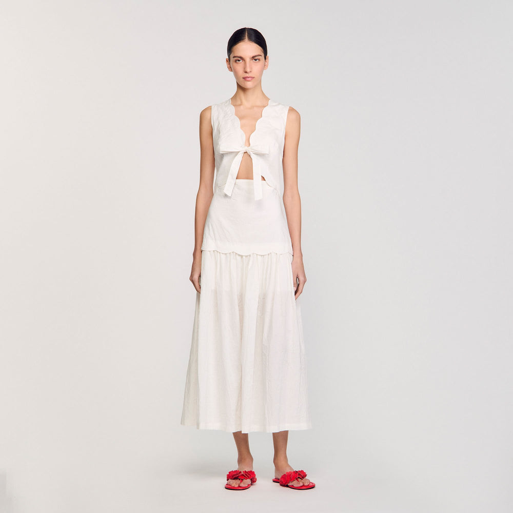 Crinkled maxi dress with bow Ecru Sandro Women