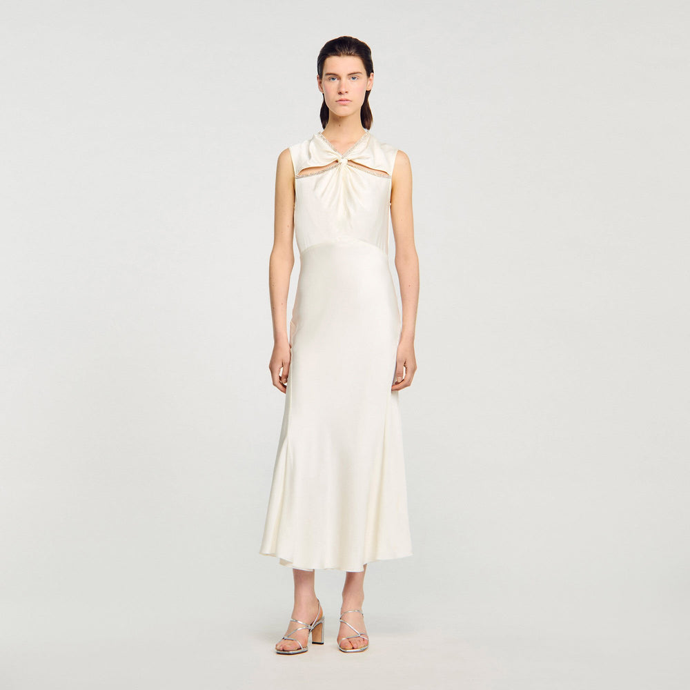 Satin maxi dress with rhinestones Ecru Sandro Women