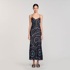 Patterned silk maxi dress Black Sandro Women