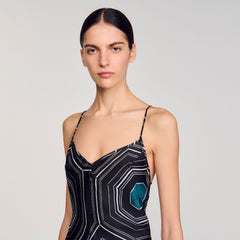 Patterned silk maxi dress Black Sandro Women