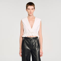 Ruffled V-neck crop top Ecru Sandro Women