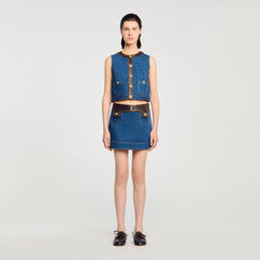 Denim and leather top Dark Blue Sandro Women