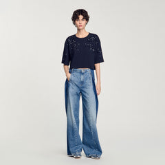 T-shirt with beaded details Navy Blue Sandro Women