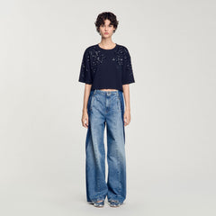 T-shirt with beaded details Navy Blue Sandro Women