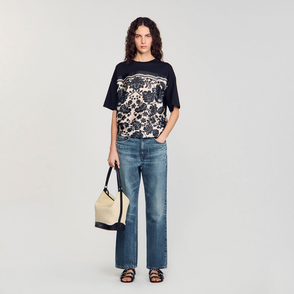 Floral motif T-shirt Ecru / Black Sandro Women