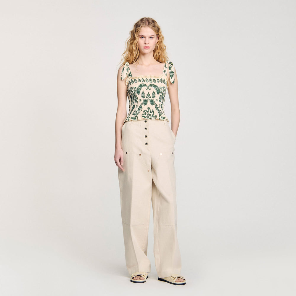 Floral motif smocked top Ecru / Green Sandro Women