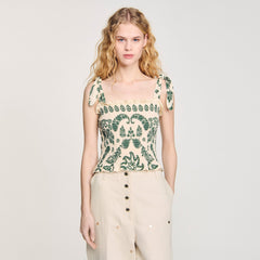 Floral motif smocked top Ecru / Green Sandro Women