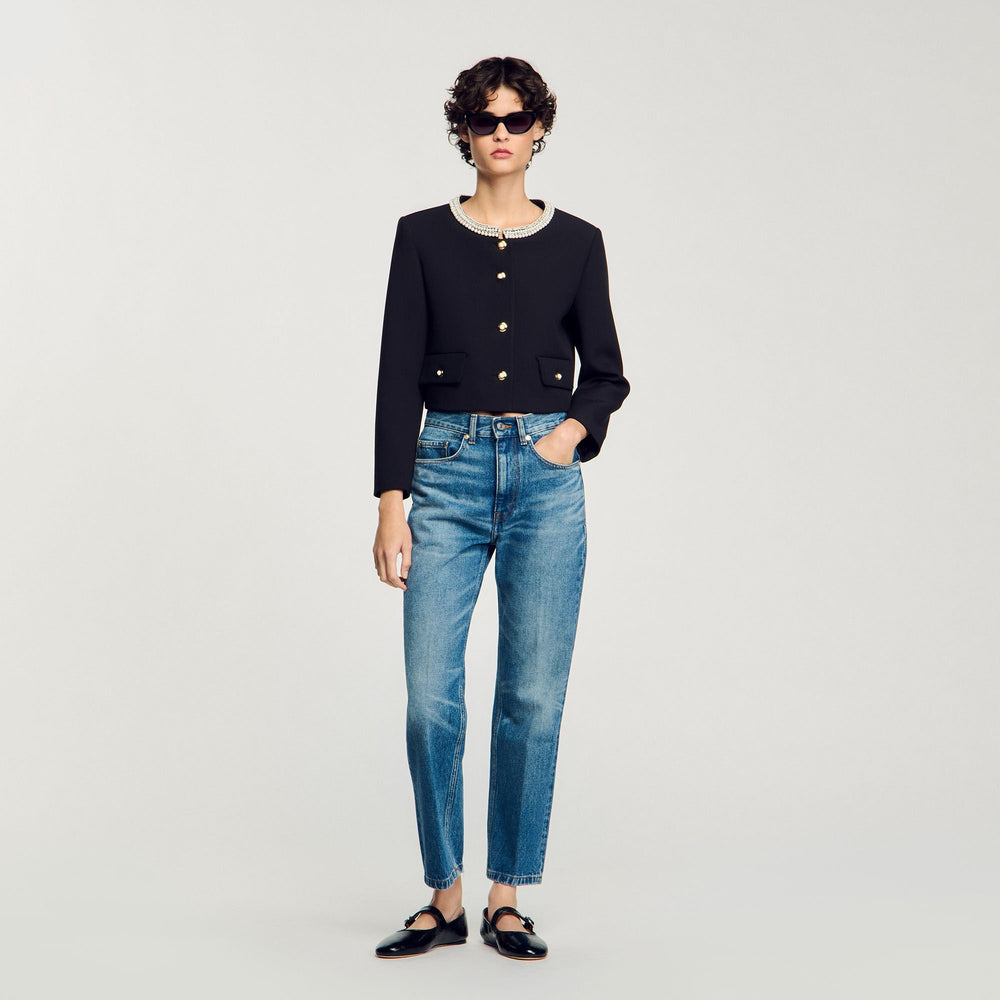 Jacket with beaded collar Black Sandro Women
