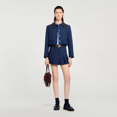 Cropped jacket with leather collar Navy Blue Sandro Women