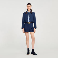 Cropped jacket with leather collar Navy Blue Sandro Women
