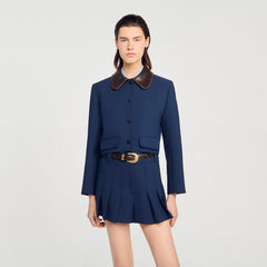 Cropped jacket with leather collar Navy Blue Sandro Women