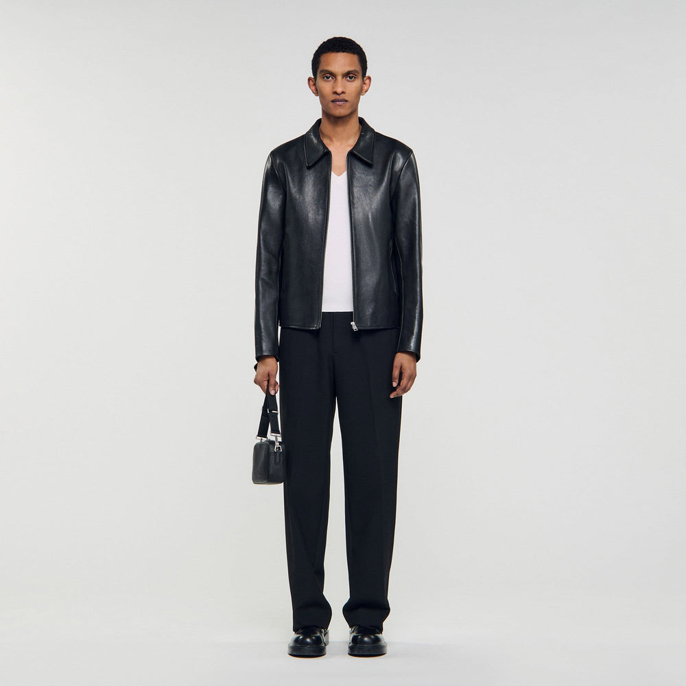 Zip-up leather jacket Black Sandro Men
