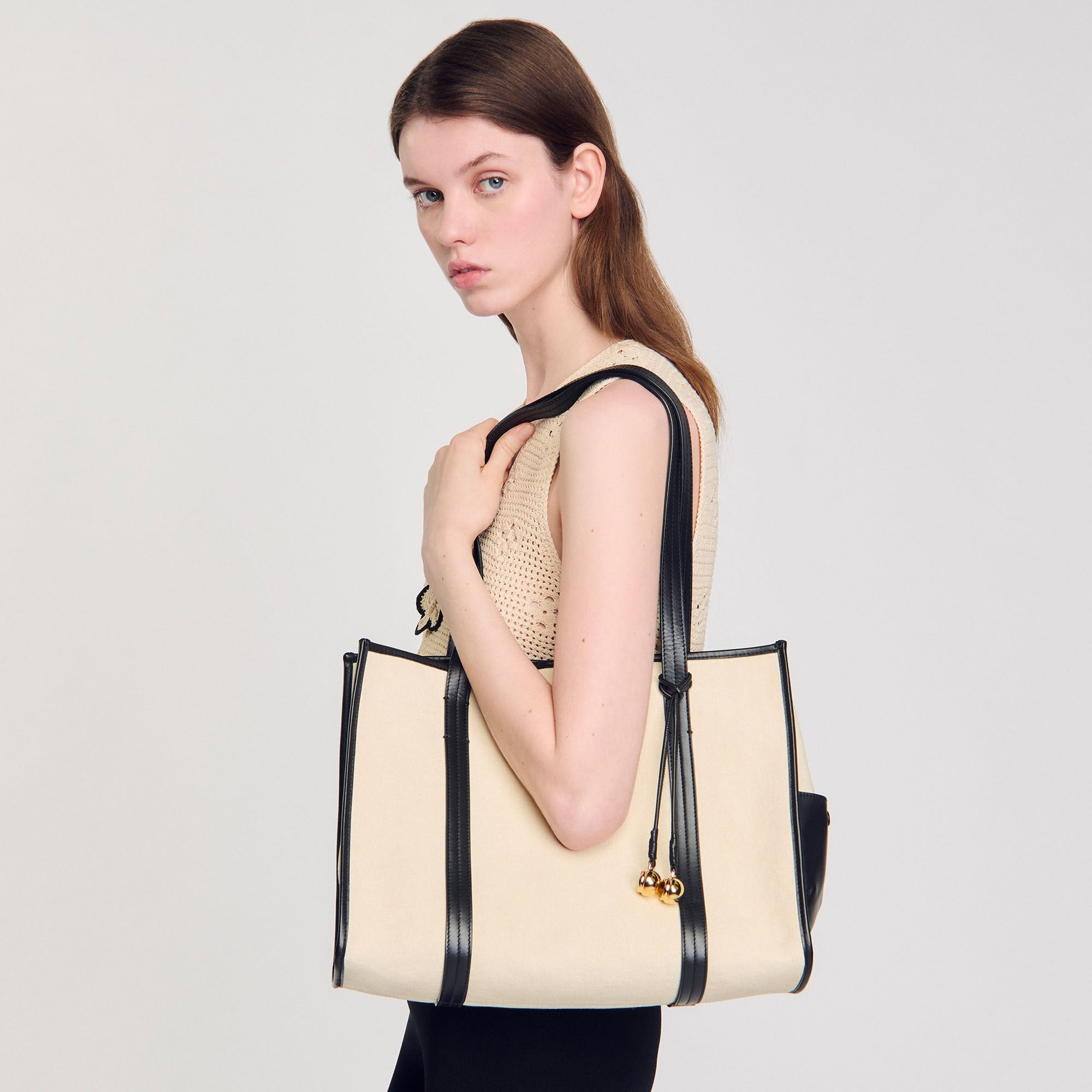 Canvas tote bag Ecru / Black Sandro Women