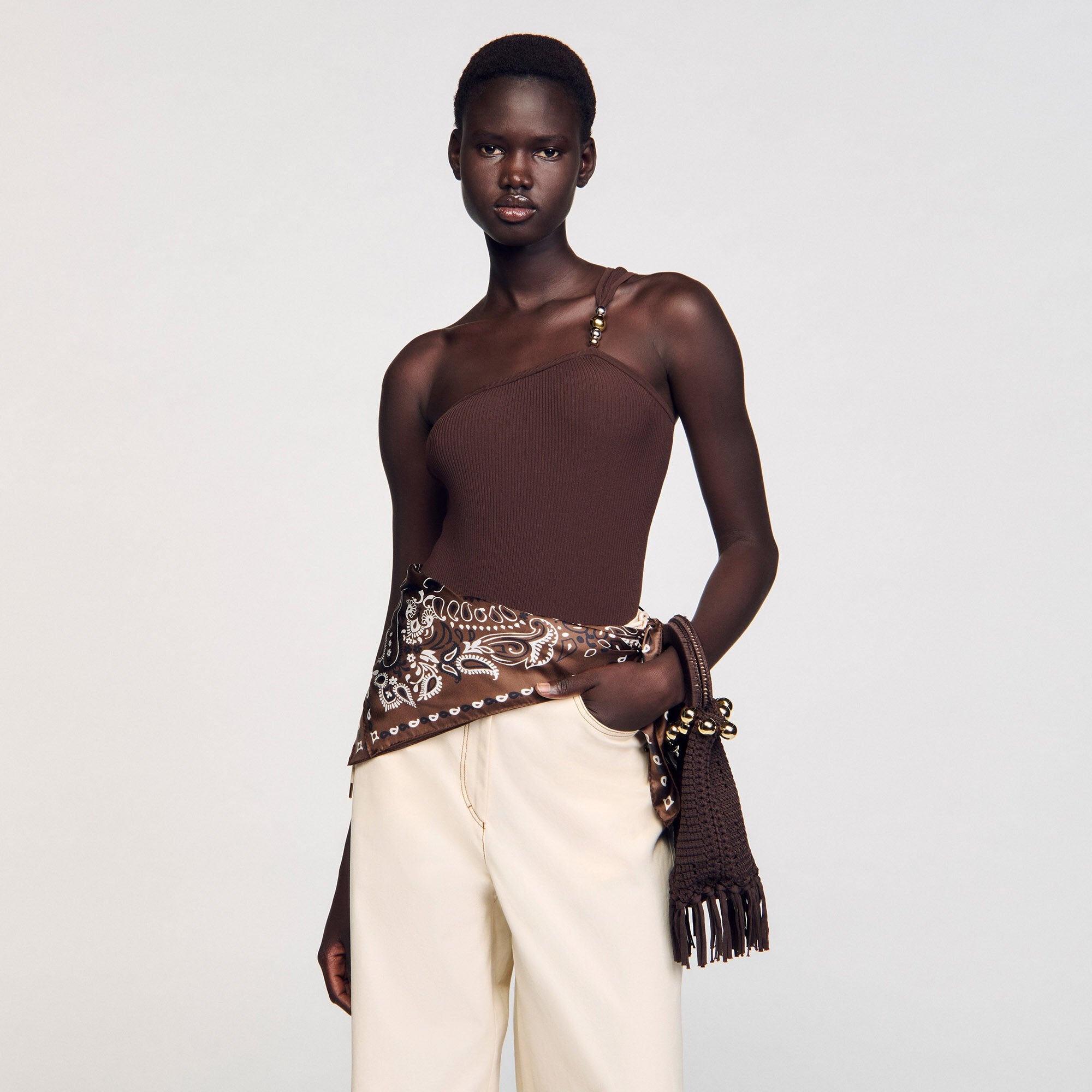 Small beaded fringed crochet bag Brown Sandro Women