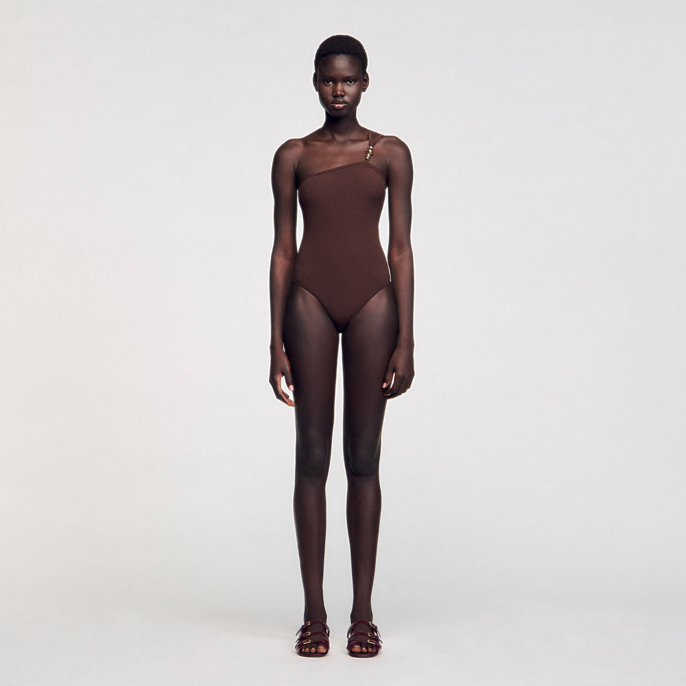 Asymmetric bodysuit with bead detail Brown Sandro Women