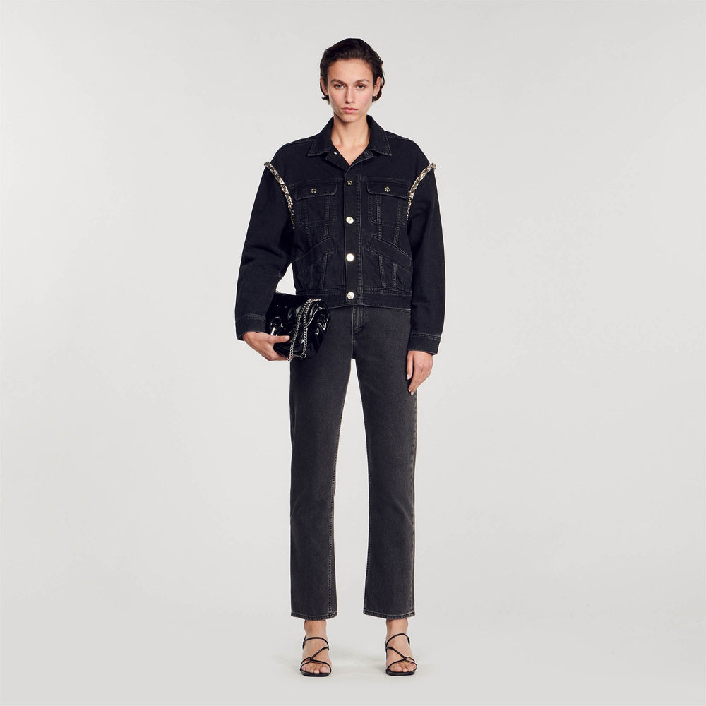 Oversized denim jacket with rhinestones Black Sandro Women