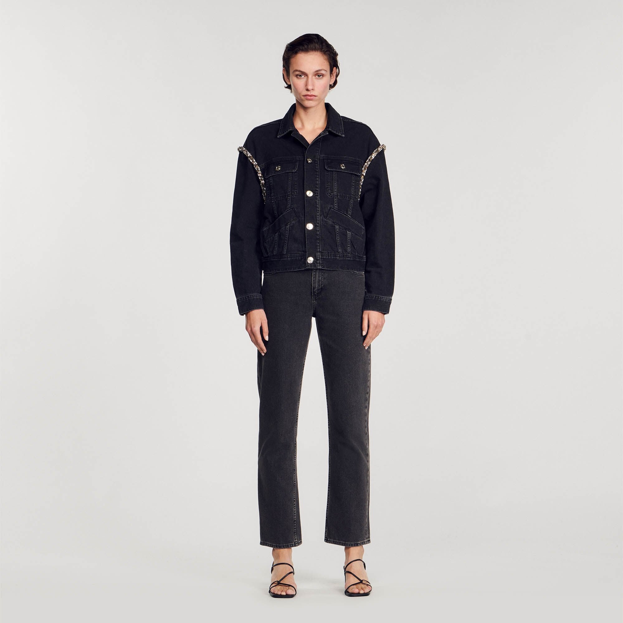 Oversized denim jacket with rhinestones Black Sandro Women