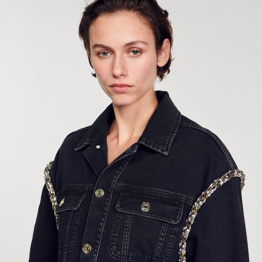 Oversized denim jacket with rhinestones Black Sandro Women