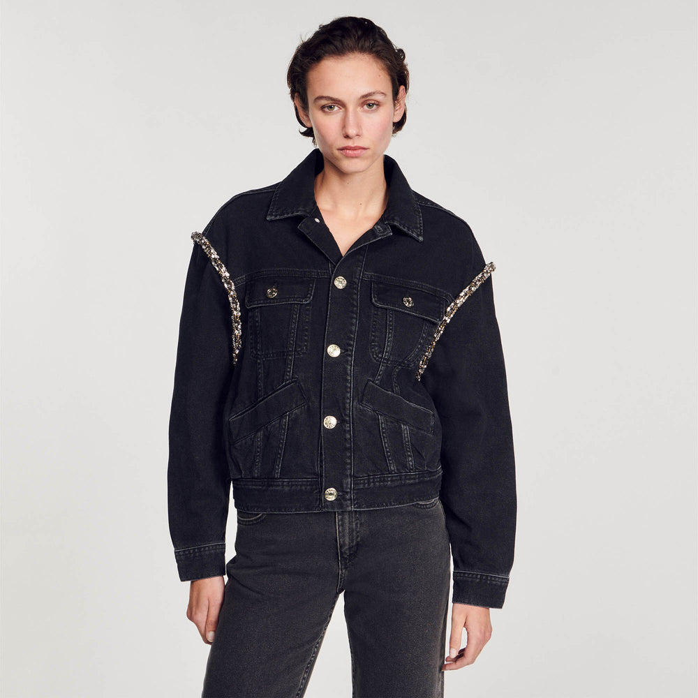 Oversized denim jacket with rhinestones Black Sandro Women