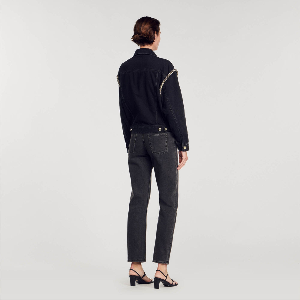 Oversized denim jacket with rhinestones Black Sandro Women