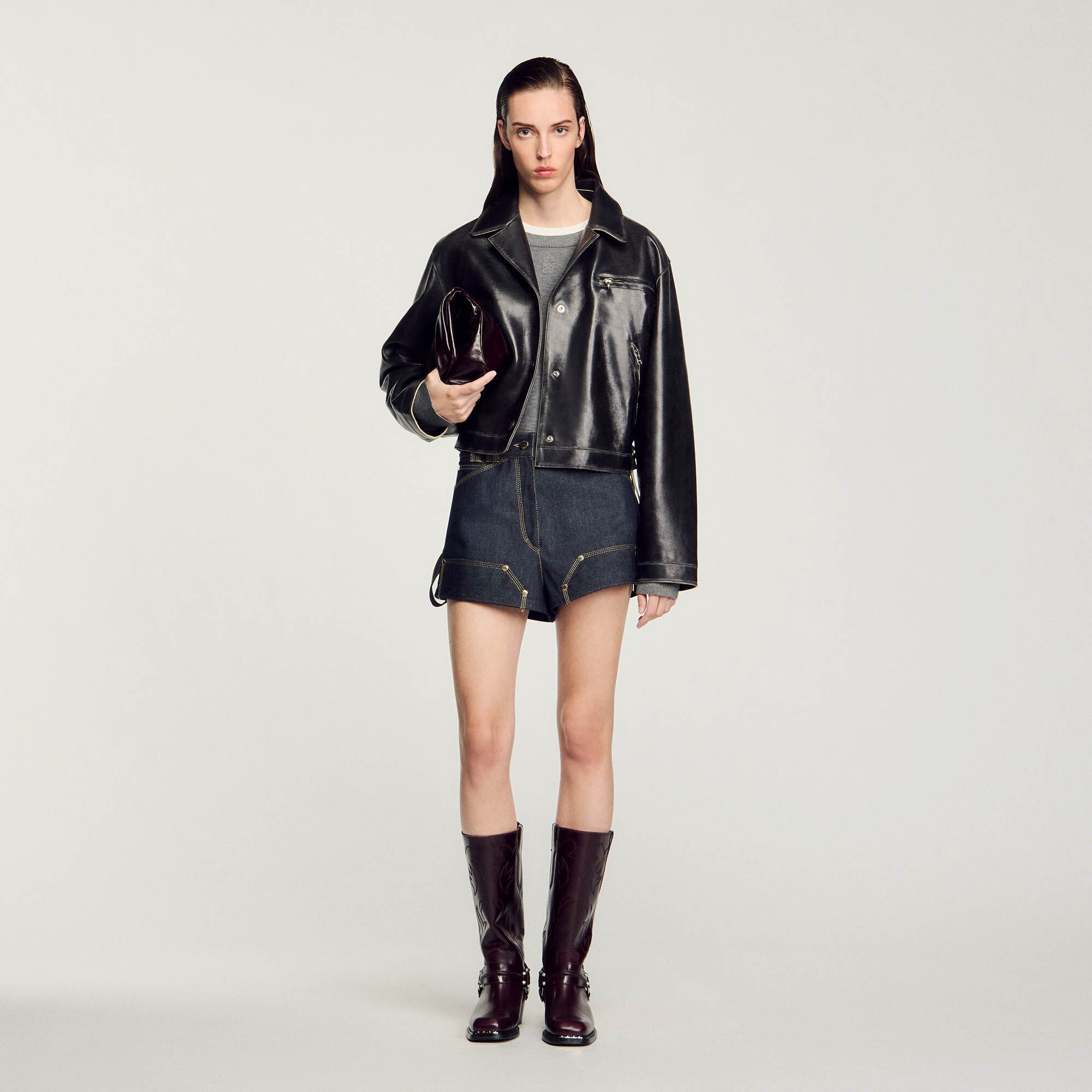 Distressed leather jacket Black Sandro Women