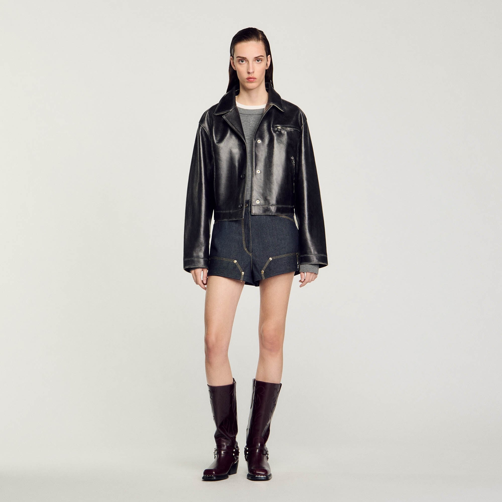 Distressed leather jacket Black Sandro Women