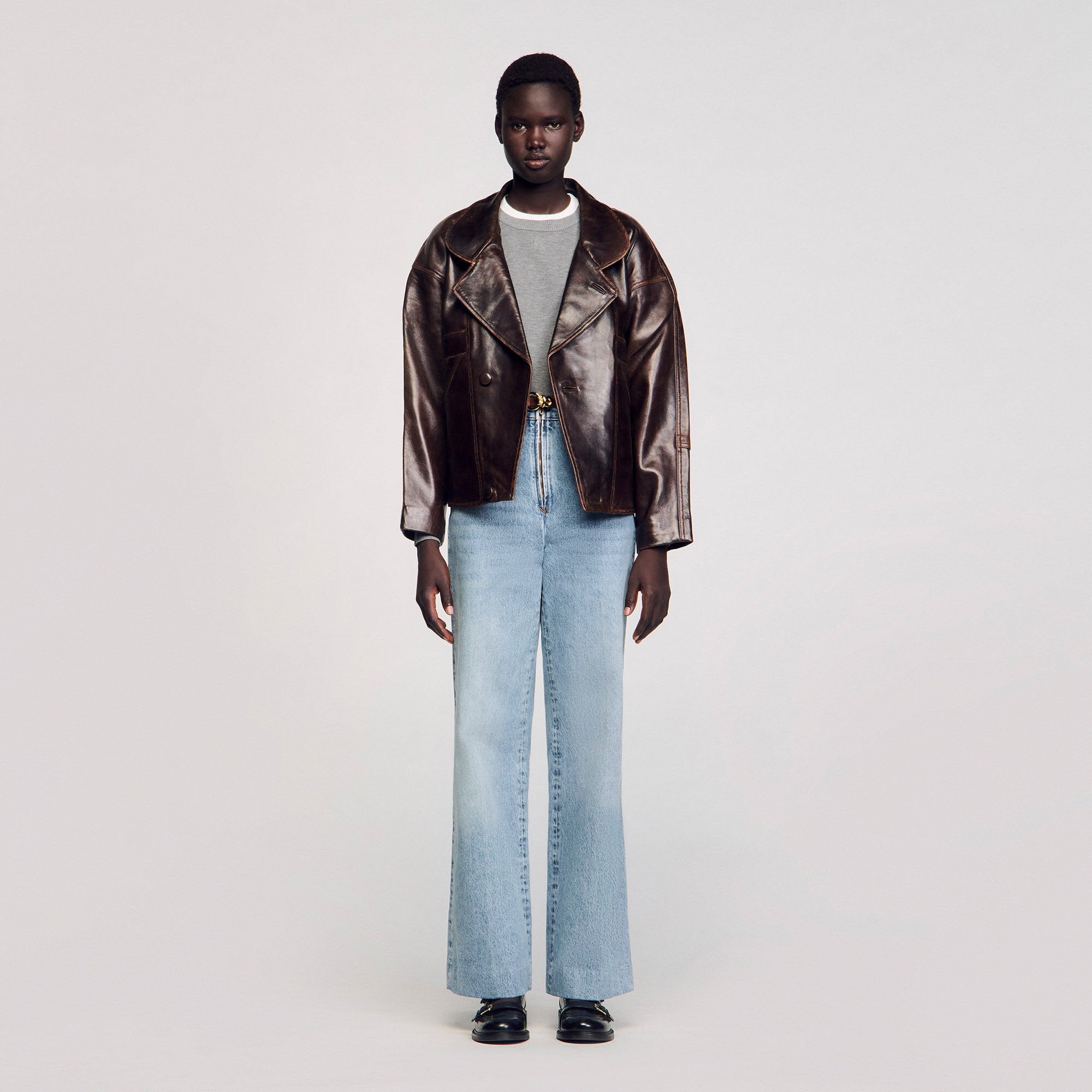 Oversized leather jacket Brown Sandro Women